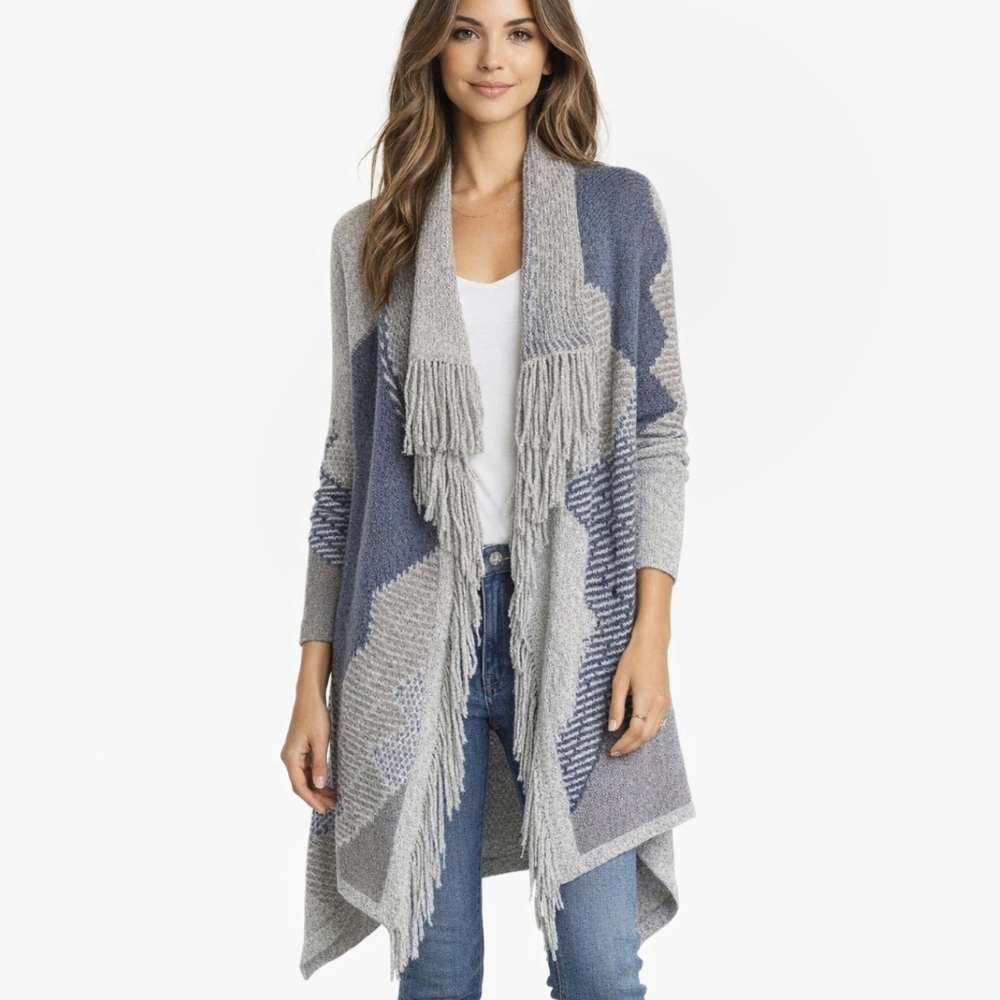 NIC+ZOE Fringe Cardigan Duster Blue Gray Patchwork Knit Boho Artsy Oversized S